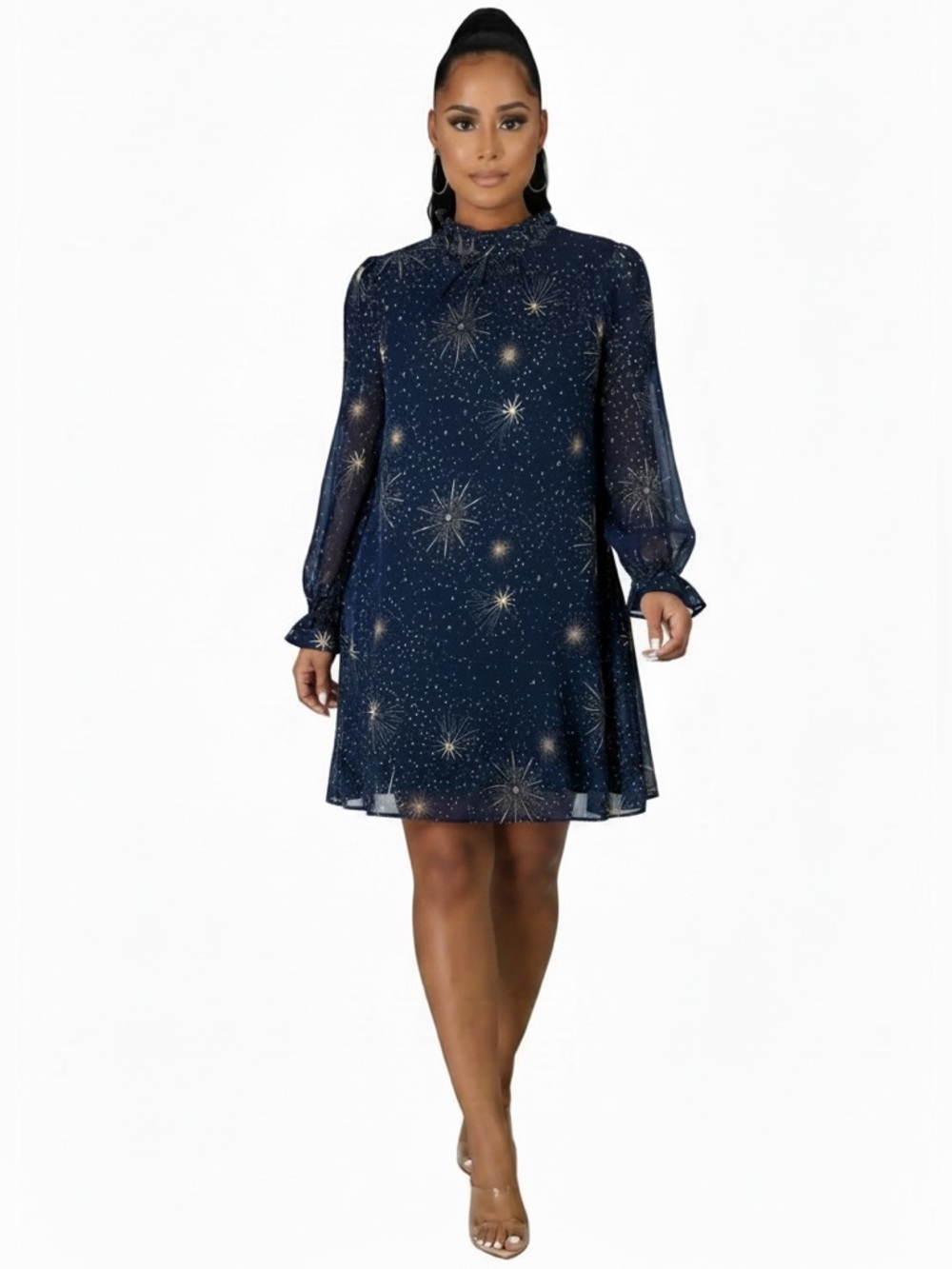 LOFT Navy & Gold Star-Print Chiffon Midi Dress